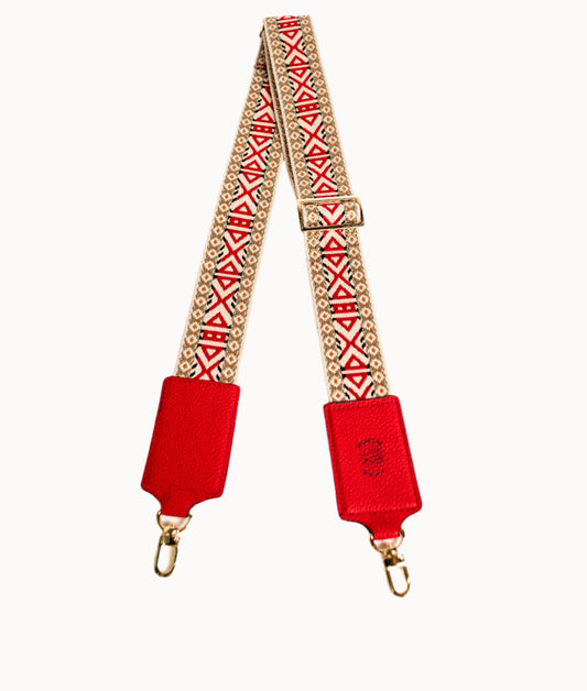 boho chic handbag strap with red and gold pattern