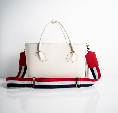 adjustable crossbody strap with red white and blue stripes