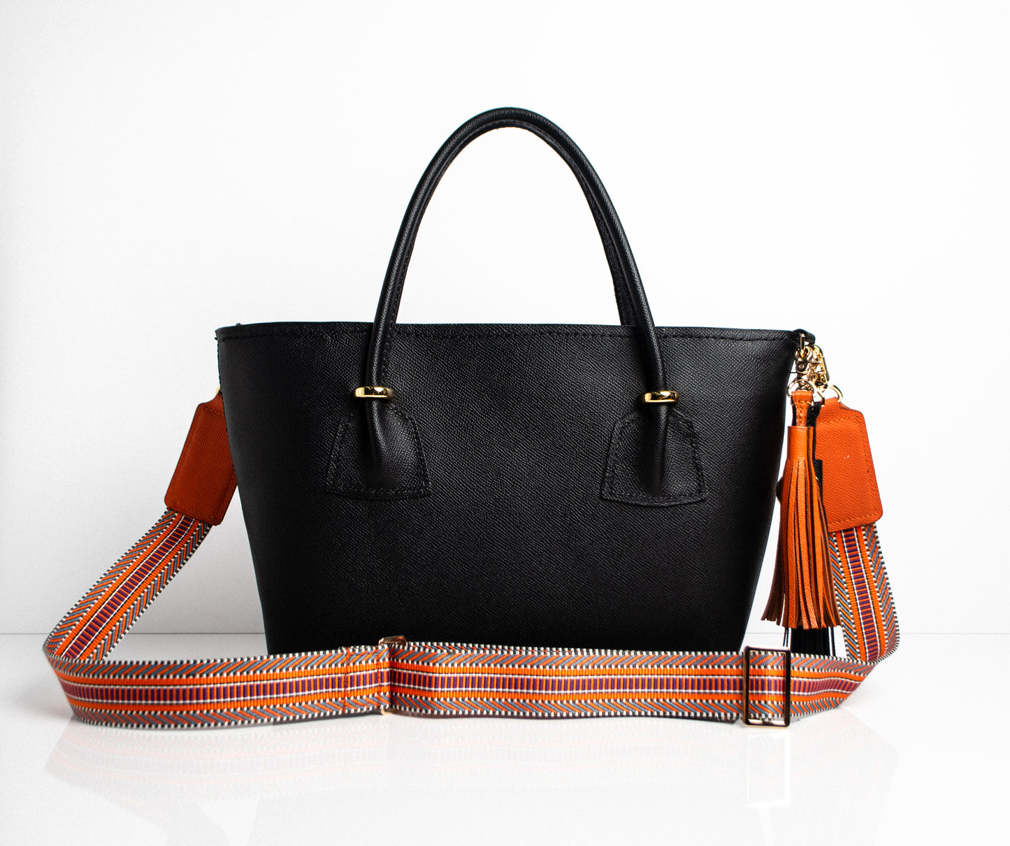 Tribal pattern bag strap for black leather tote