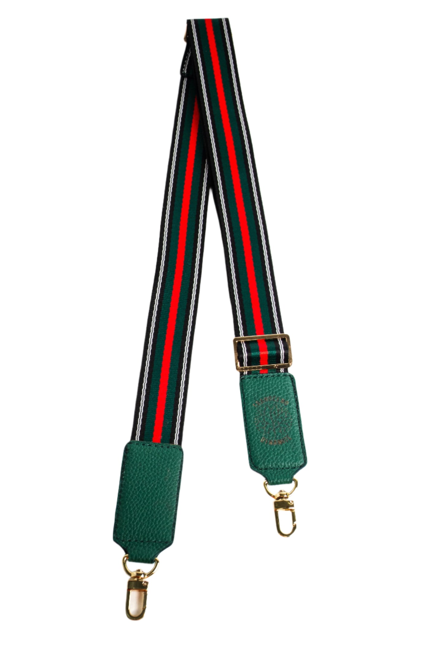 red and green striped handbag strap with 1.5 inch width and 50 inch maximum length